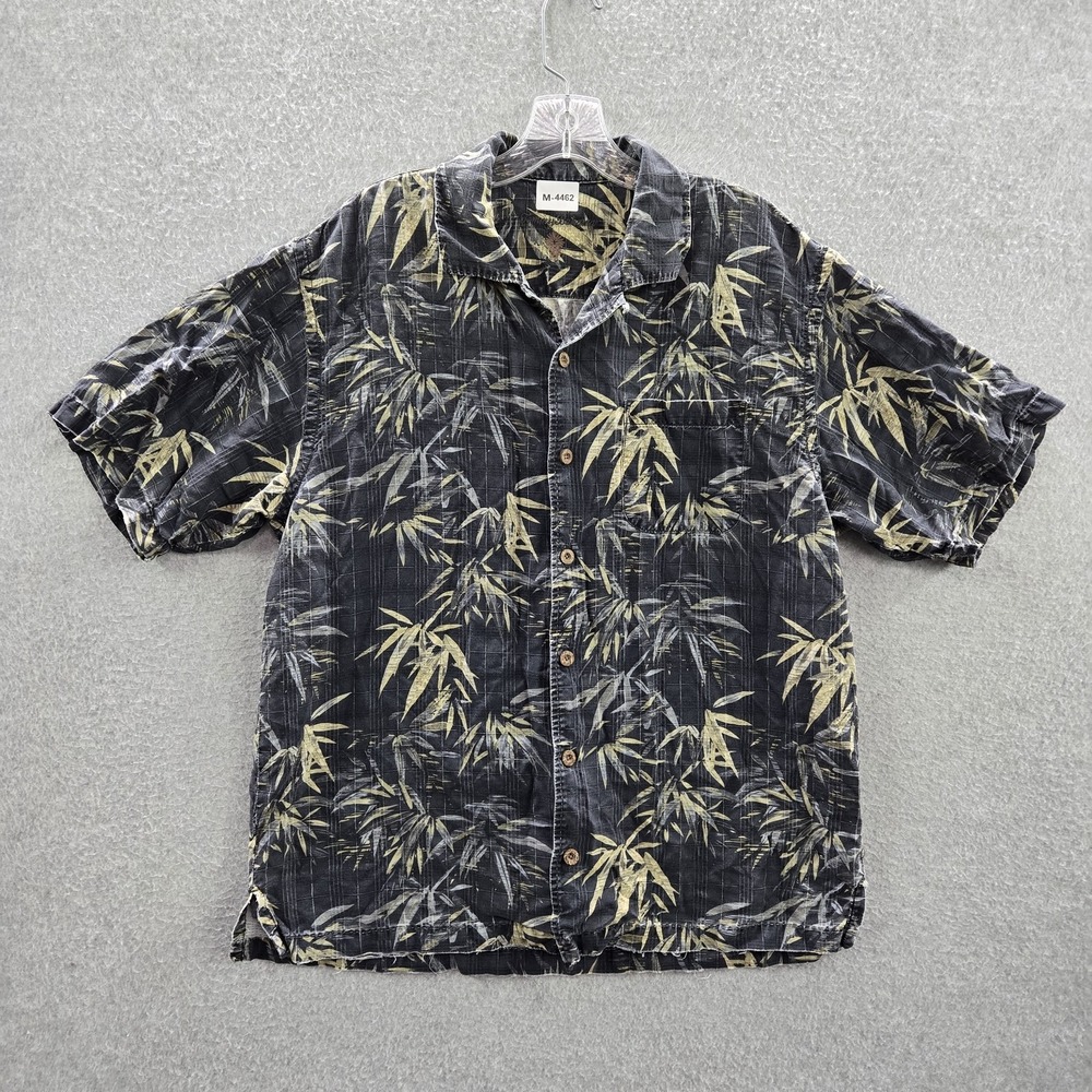 Tommy Bahama Men Button Up Shirt L Black Silk Floral Bamboo Leaves Hawaiian READ